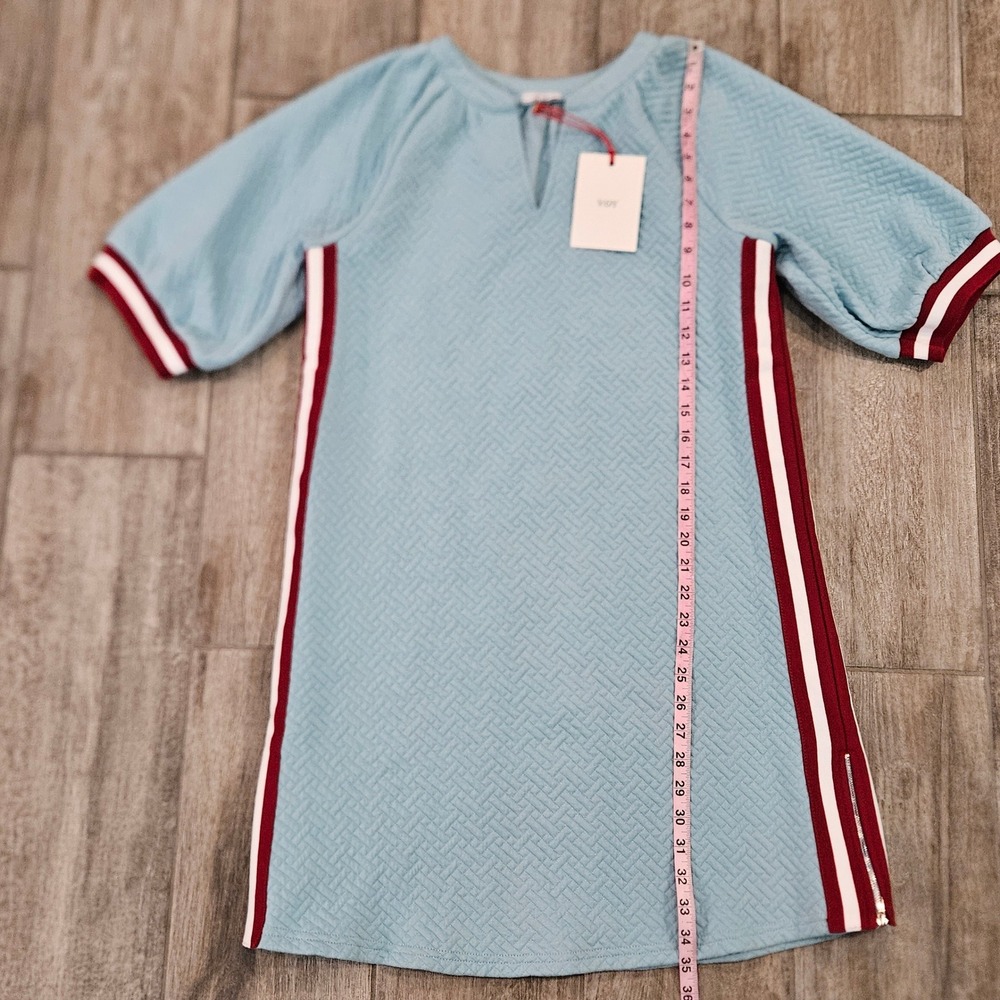 VOY Quilted Athletic Mini Dress Size S Blue Side Stripe Zip Slit Preppy Sporty - Picture 2 of 10